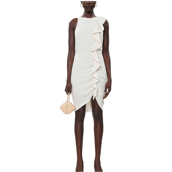 Pinko Dress BEBYBLADE Abito White Crepe Ruffle Sheath US -10 - Picture 8 of 16